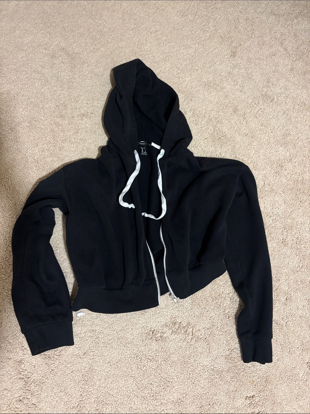 Forever 21 Black Cropped Zip-Up Hoodie with White Drawstrings